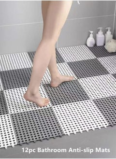 Kutis 12-Piece Bathroom Anti-slip Mats Kitchen Shower Toilet Hollow Floor Mat Spandex White/Grey 30 x 30 Centimeter  - Image 2
