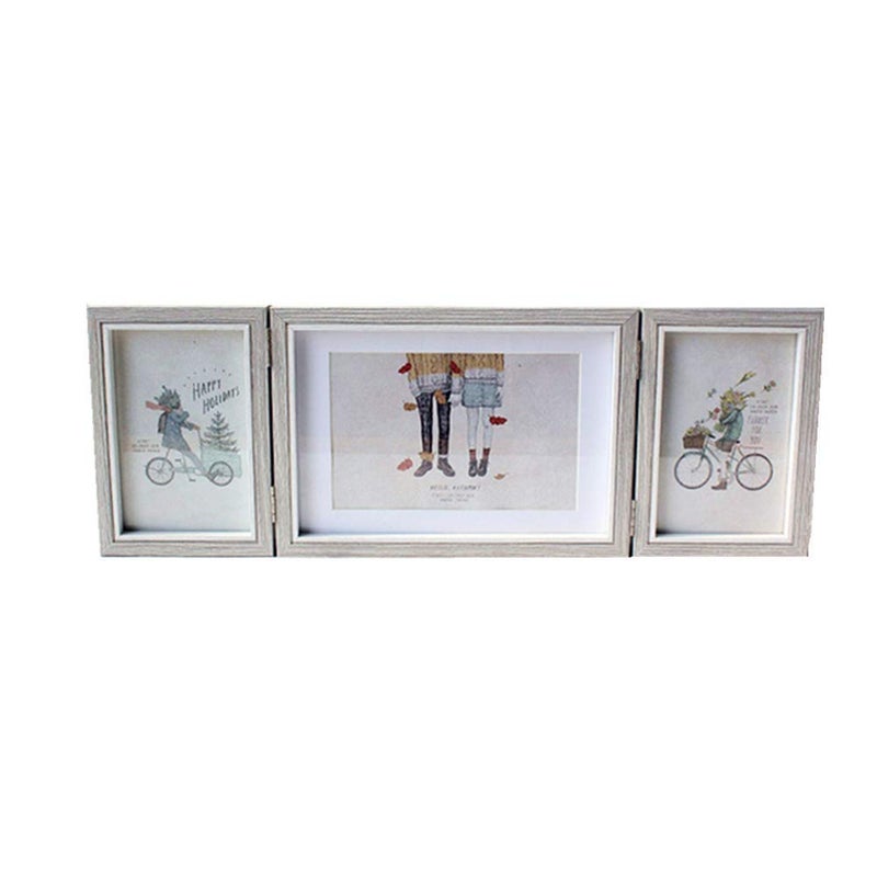 DODXIAOBEUL Silver Hinged Folding Three Picture Frame Display 4x6 inch Vertical and 5x7 inch Horizontal Photo or Pictures for Desk Triple Opening Wedding Family Grayish White