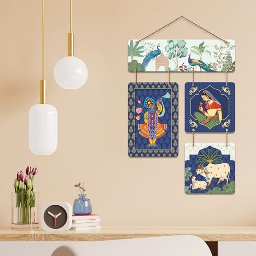 Artvibes Peacock, Woman & Cow Theme Pichwai Art Decorative Wall Art MDF Wooden Wall Hanger for Living Room | Wall Accent | Sceneries | Wall Art Print | Graphic Artwork | Unique Gift Items (WH_6529N) - Image 2