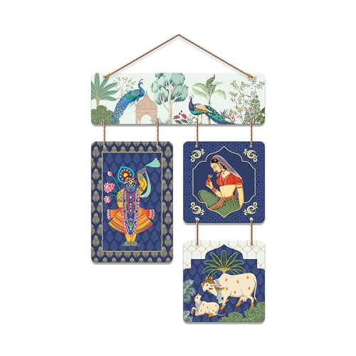 Artvibes Peacock, Woman & Cow Theme Pichwai Art Decorative Wall Art MDF Wooden Wall Hanger for Living Room | Wall Accent | Sceneries | Wall Art Print | Graphic Artwork | Unique Gift Items (WH_6529N) - Image 1
