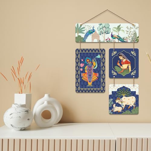 Artvibes Peacock, Woman & Cow Theme Pichwai Art Decorative Wall Art MDF Wooden Wall Hanger for Living Room | Wall Accent | Sceneries | Wall Art Print | Graphic Artwork | Unique Gift Items (WH_6529N) - Image 4