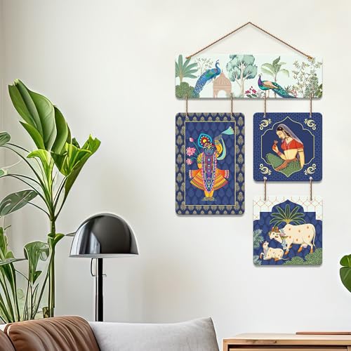 Artvibes Peacock, Woman & Cow Theme Pichwai Art Decorative Wall Art MDF Wooden Wall Hanger for Living Room | Wall Accent | Sceneries | Wall Art Print | Graphic Artwork | Unique Gift Items (WH_6529N) - Image 3