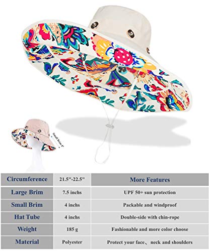 iHomey Packable Extra Large Brim Floppy Sun Hat Reversible UPF 50+ Beach Sun Bucket Hat Beige - Image 3