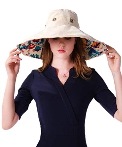 iHomey Packable Extra Large Brim Floppy Sun Hat Reversible UPF 50+ Beach Sun Bucket Hat Beige - Image 2