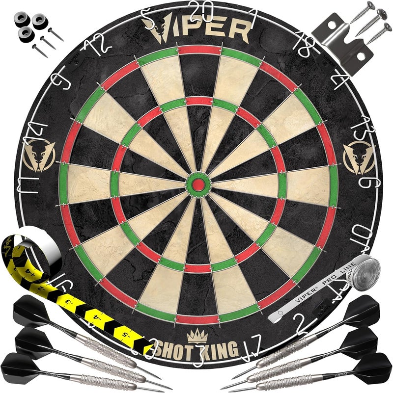 Viper by GLD Products Shot King Regulation Bristle Steel Tip Dartboard Set with Bullseye Metal Radial Spider Wire Compressed Sisal Board with Rotating Number Ring Includes 6 Darts Black - Image 1