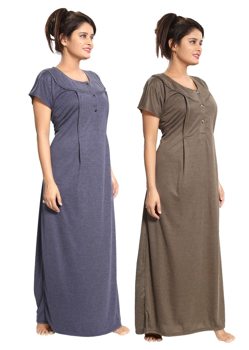 Fabme Women's Cotton Maxi Nighty(Pack of 2)(PO2-NW0142NBU-MH_Navy Blue & Mehendi_Free Size) - Image 3