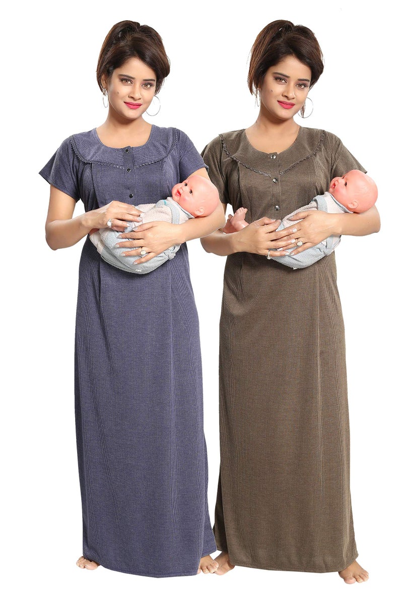 Fabme Women's Cotton Maxi Nighty(Pack of 2)(PO2-NW0142NBU-MH_Navy Blue & Mehendi_Free Size) - Image 5
