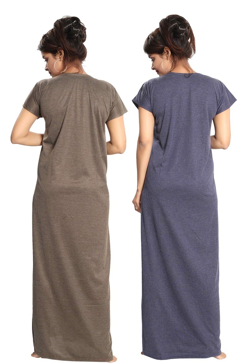 Fabme Women's Cotton Maxi Nighty(Pack of 2)(PO2-NW0142NBU-MH_Navy Blue & Mehendi_Free Size) - Image 2