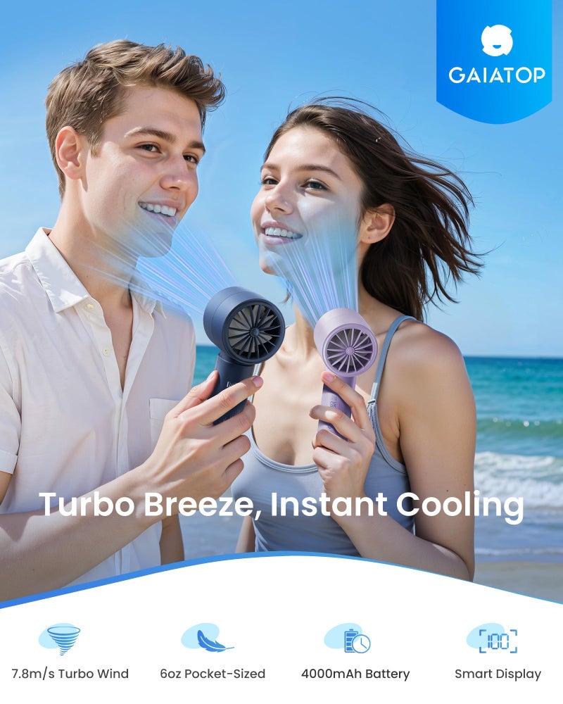 Gaiatop Small Handheld Personal Fan, Powerful High Speed Turbo Cooling, 4000mAh USB Rechargeable Battery Powered Mini Portable Fan for Travel, Outdoor Essentials, Summer Gifts for Women Girls, Purple - Image 2