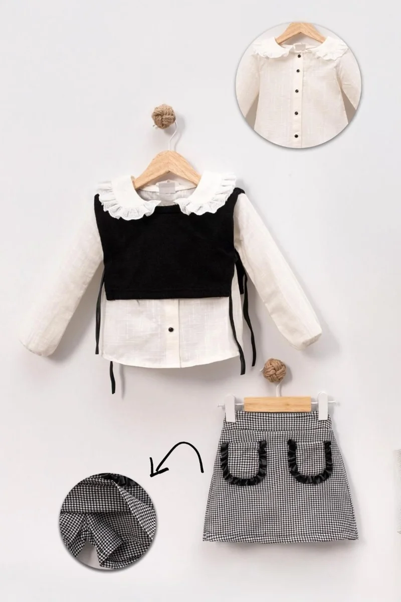 مينيمن جيجيليري My Little Ones (2-9 Years Old) Sweater Patterned Shorts Skirt Jacket 3 Piece Girl Child Set - Black and White