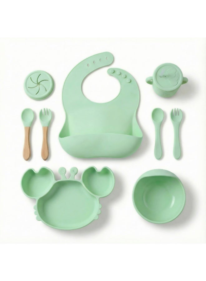 طقم أدوات إطعام الأطفال سيليكون متكامل 9 قطع - طبق شفط كابوريا، وعاء، كوب تدريب بشفاطة وغطاء سناك، مريلة، و4 قطع أدوات مائدة - خالي من BPA وآمن للميكروويف