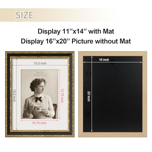 FrameMind Vintage 16x20 Picture Frame, Ornate Antique Gold 16x20 Frame, Display 11x14 with Mat or 16 x 20 without Mat for landscape or Portrait, Gallery Wall Decor for Home (Black/Gold, Single) - Image 5