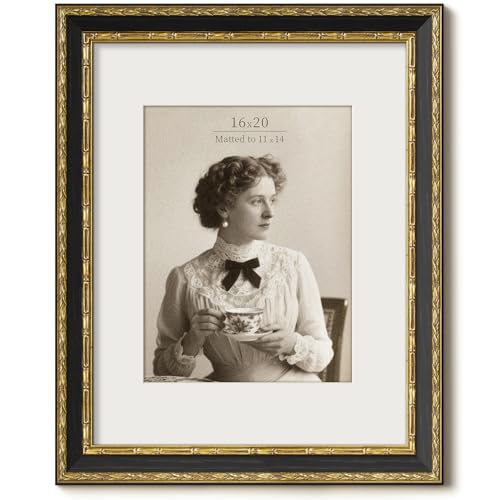 FrameMind Vintage 16x20 Picture Frame, Ornate Antique Gold 16x20 Frame, Display 11x14 with Mat or 16 x 20 without Mat for landscape or Portrait, Gallery Wall Decor for Home (Black/Gold, Single) - Image 1