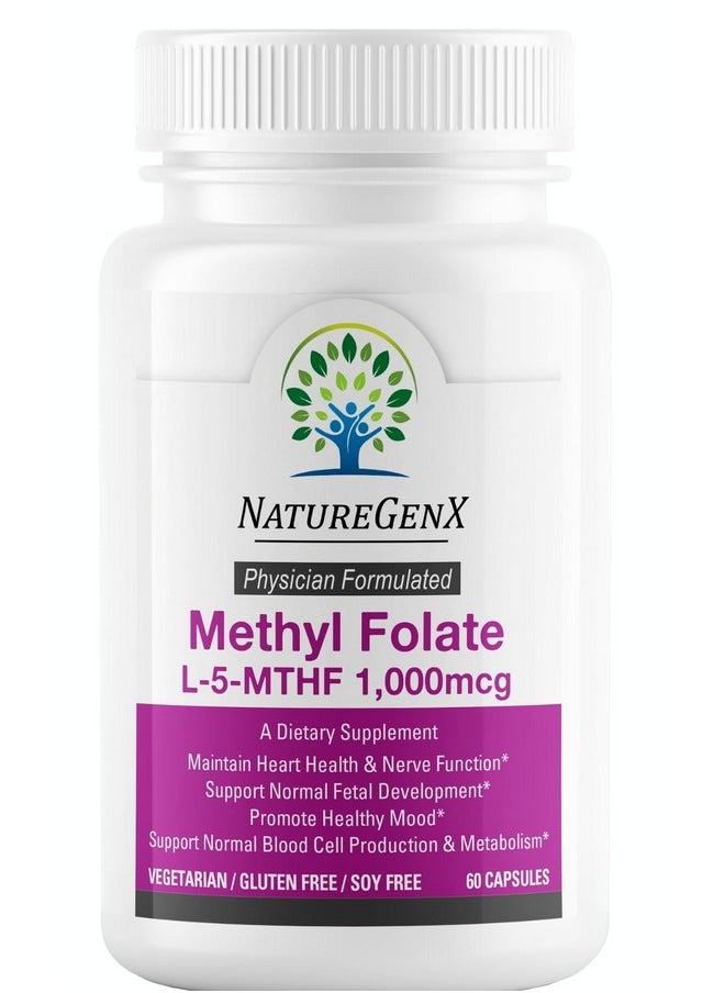 NatureGenX NatureGenX Methylfolate MTHRF Supplement - 1000 mcg Bioactive Vitamin B9 (5-MTHF) - Supports Pregnancy & Fetal Health - 60 Capsules - Gluten-Free  - Image 1