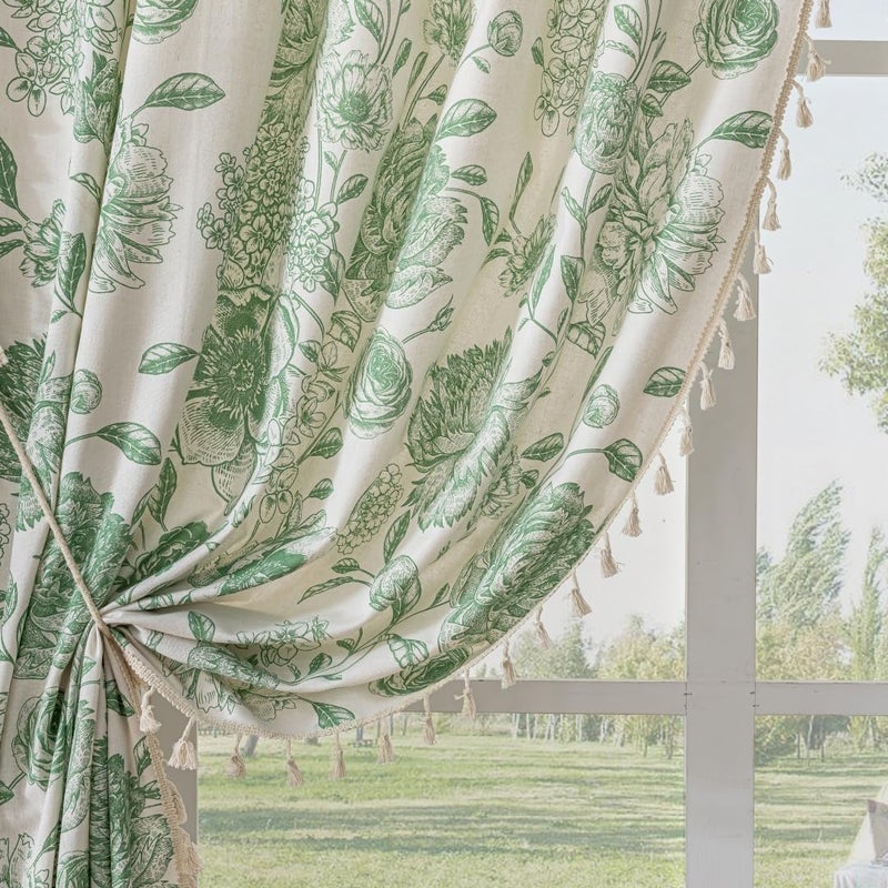 ستائر F-CHU Boho لغرفة المعيشة بطول 96 بوصة، ستائر زهور ريفية فرنسية، ستائر نافذة ريفية عتيقة لغرفة النوم، ستائر خزانة من القطن والكتان الأنيقة - Image 1