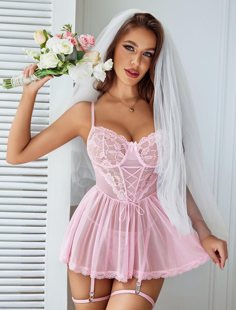 GIRLFRIEND Lingerie for Women Beautiful Lace Babydoll Mesh Chemise Boudoir Nighty with Garter Belt and Panty Light Pink - Image 4
