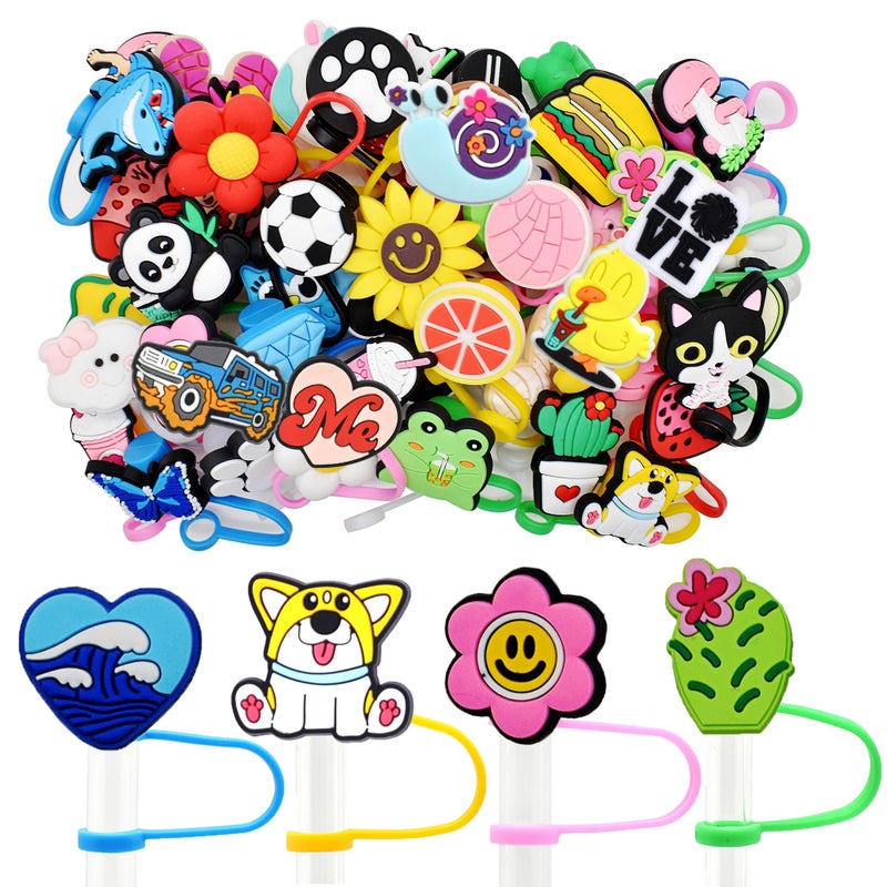 YEALQUE Random Different 30PCS 032in Straw Covers Cap Dust Proof Cute Reusable Drinking Straw Toppers PVC for 78 mm Tumbler Cup Straws Accessories