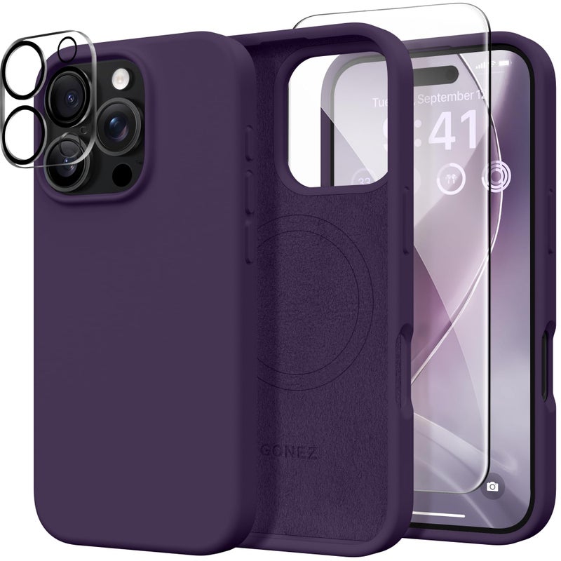 GONEZ Magnetic for iPhone 16 Pro Case, Compatible with MagSafe, [Screen Protector + Camera Lens Protector], Silicone Shockproof Anti-Scratch Protective Phone Case 6.3 inch, Deep Purple - Image 1