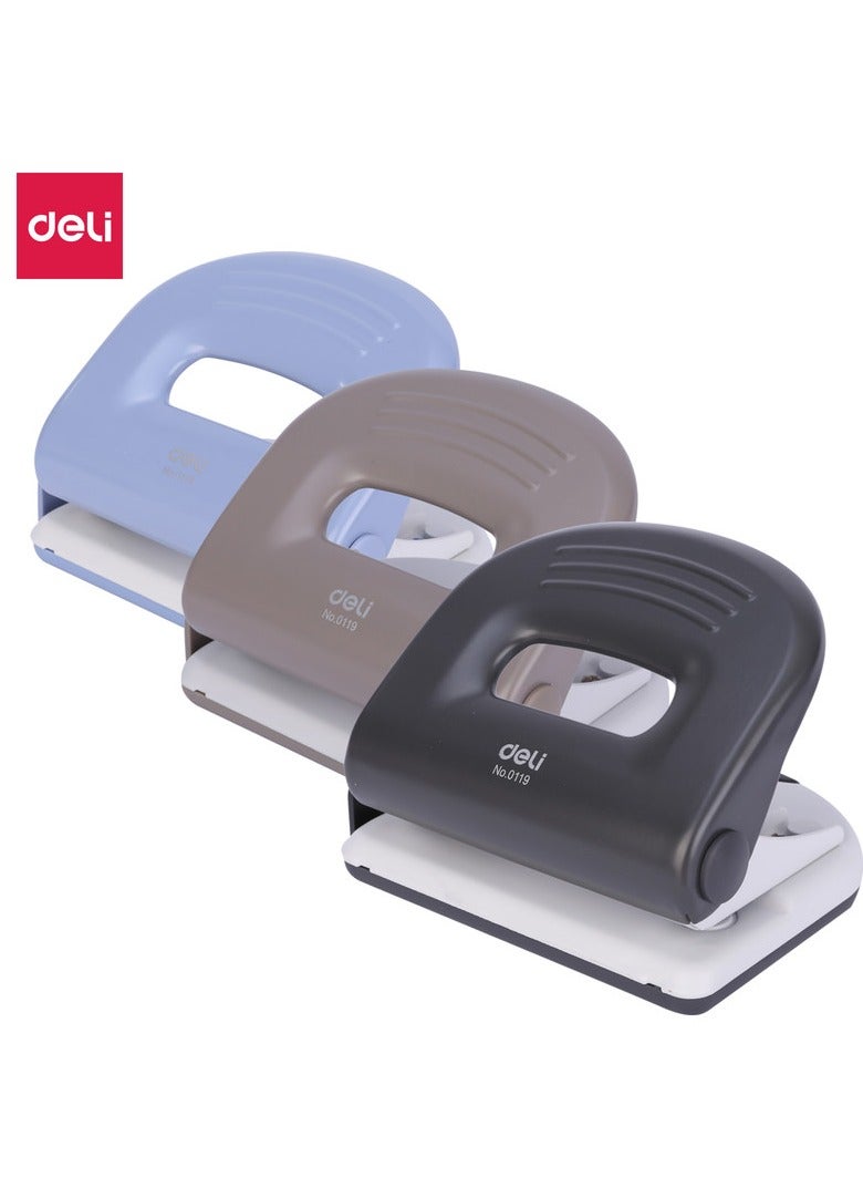 Deli E0119 80mm Hole Distance Φ6mm Hole Diameter Plastic+Metal Two-hole Punch Max. 25 Sheets, Warm Gray/Black Gray/Light Blue Asst. 1PCS/Color Box - Perfect for Office & School Use - Image 1