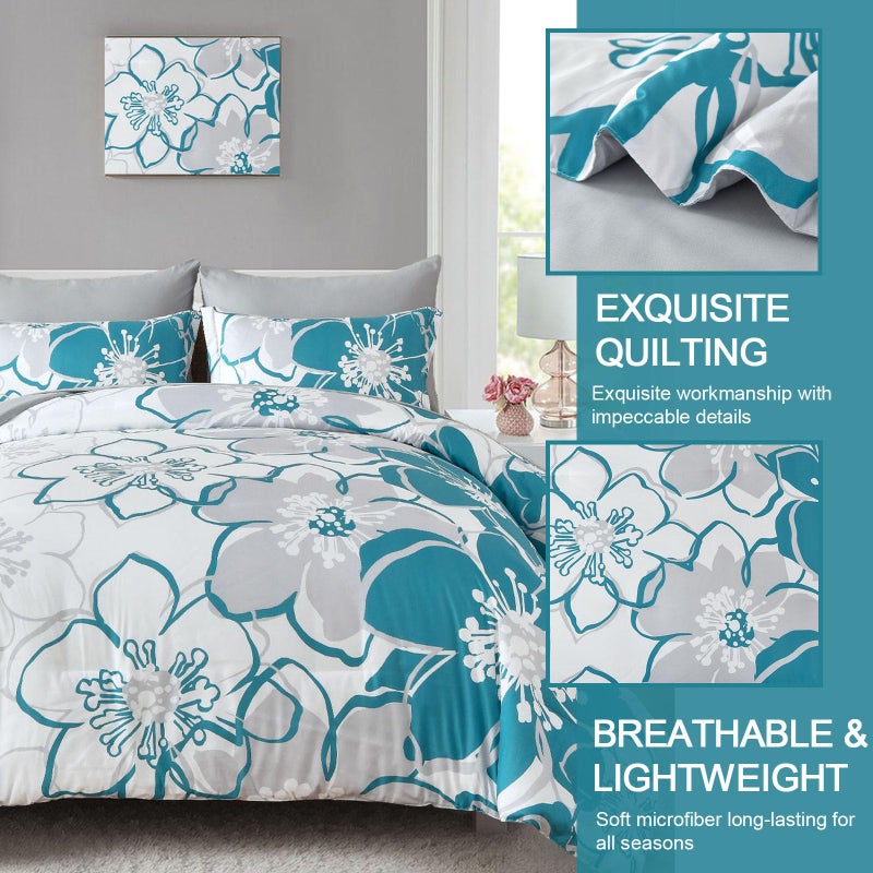 Anibedding Teal Floral Comforter Set Queen Size 7 Piece, Teal Blue Flower Bed in a Bag, Elegant Botanical Floral Comforter Soft Microfiber Complete Bedding Set for All Season, (Teal, 90"x90") - Image 4