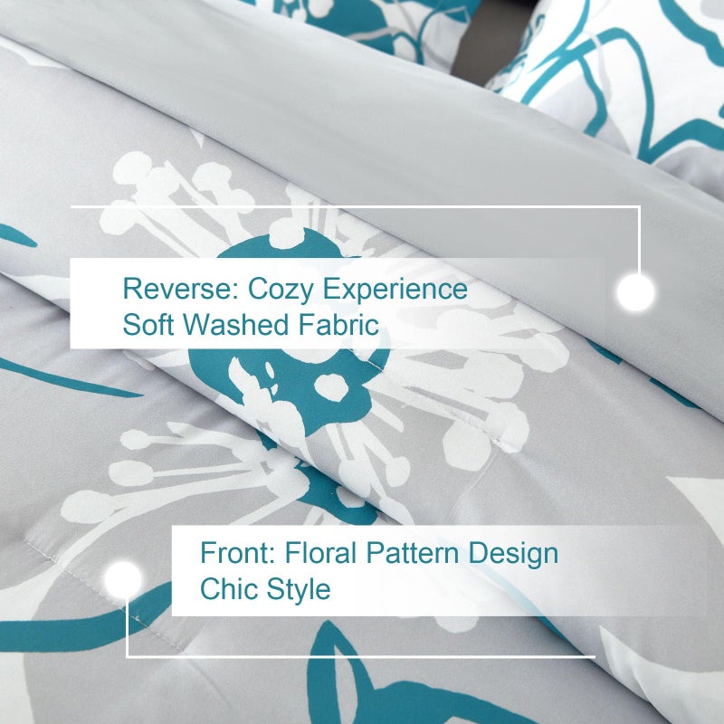 Anibedding Teal Floral Comforter Set Queen Size 7 Piece, Teal Blue Flower Bed in a Bag, Elegant Botanical Floral Comforter Soft Microfiber Complete Bedding Set for All Season, (Teal, 90"x90") - Image 5