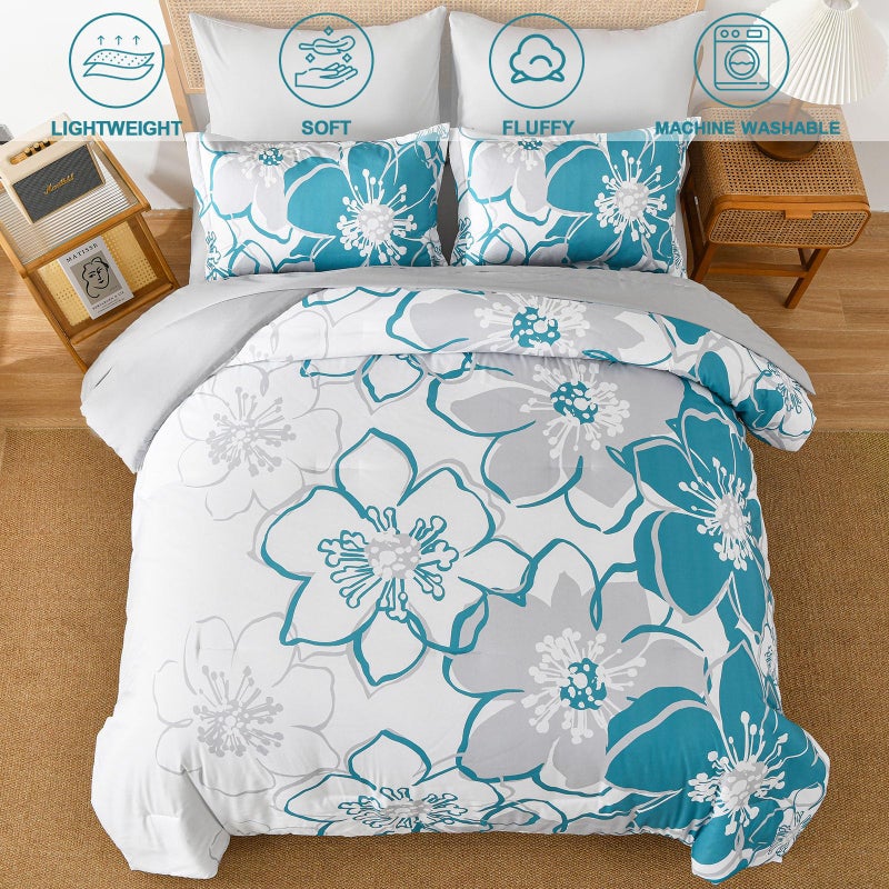 Anibedding Teal Floral Comforter Set Queen Size 7 Piece, Teal Blue Flower Bed in a Bag, Elegant Botanical Floral Comforter Soft Microfiber Complete Bedding Set for All Season, (Teal, 90"x90") - Image 3