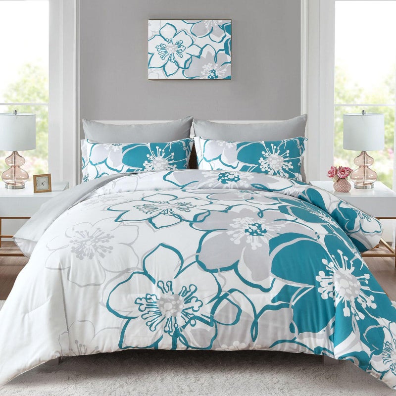 Anibedding Teal Floral Comforter Set Queen Size 7 Piece, Teal Blue Flower Bed in a Bag, Elegant Botanical Floral Comforter Soft Microfiber Complete Bedding Set for All Season, (Teal, 90"x90") - Image 1
