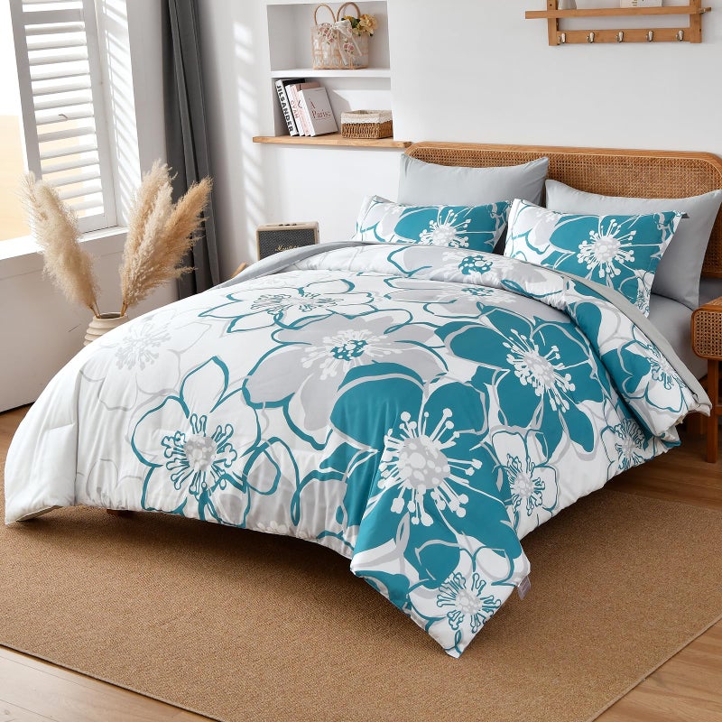 Anibedding Teal Floral Comforter Set Queen Size 7 Piece, Teal Blue Flower Bed in a Bag, Elegant Botanical Floral Comforter Soft Microfiber Complete Bedding Set for All Season, (Teal, 90"x90") - Image 2