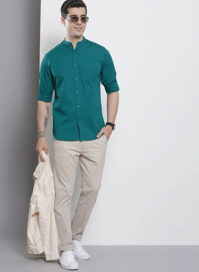 The Indian Garage Co Men Regular Fit Solid Full Sleeves Mandarin Collar Casual Shirt
