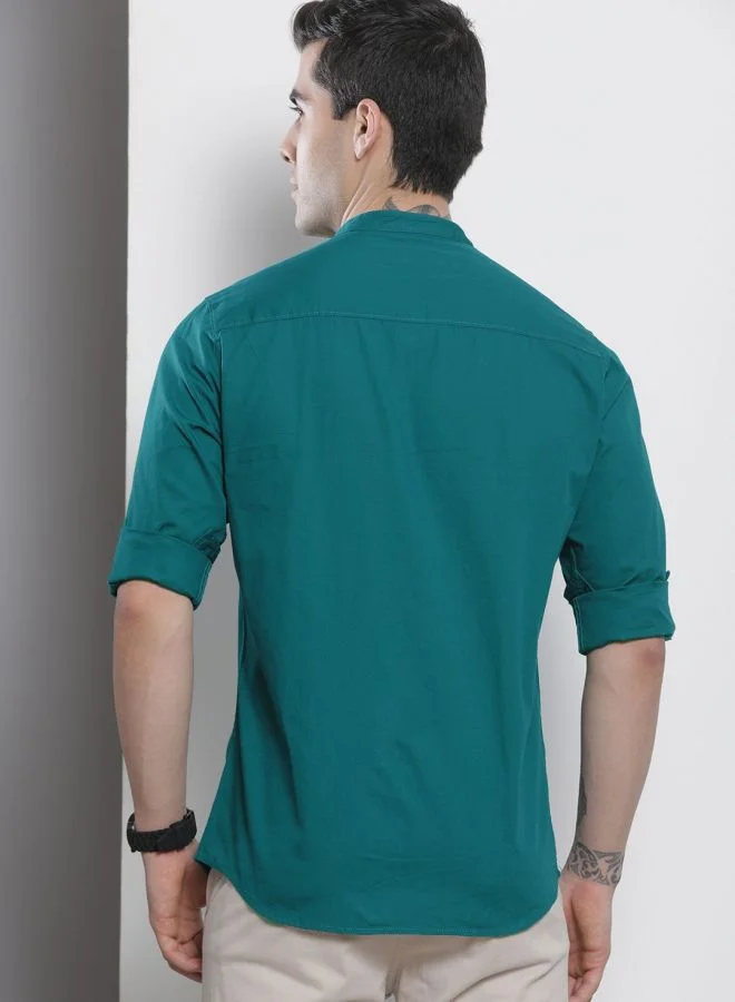The Indian Garage Co Men Regular Fit Solid Full Sleeves Mandarin Collar Casual Shirt
