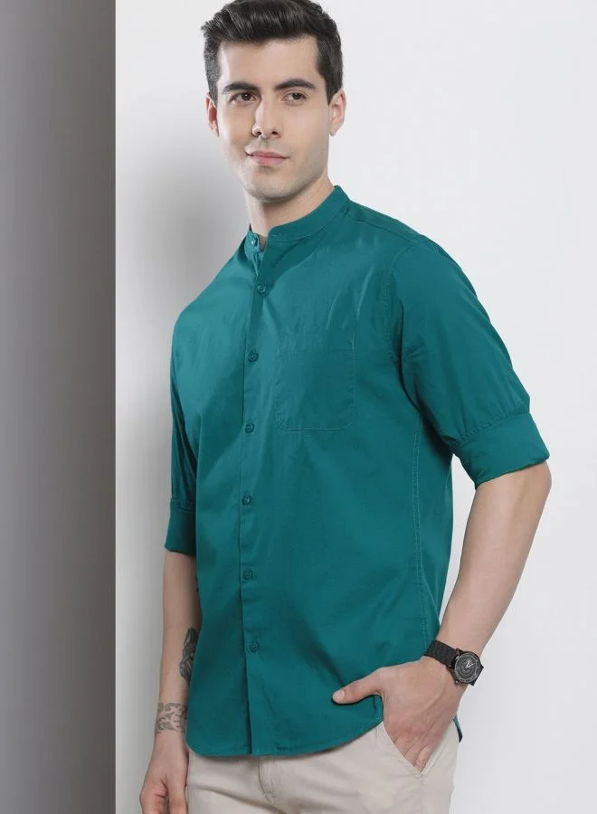 The Indian Garage Co Men Regular Fit Solid Full Sleeves Mandarin Collar Casual Shirt