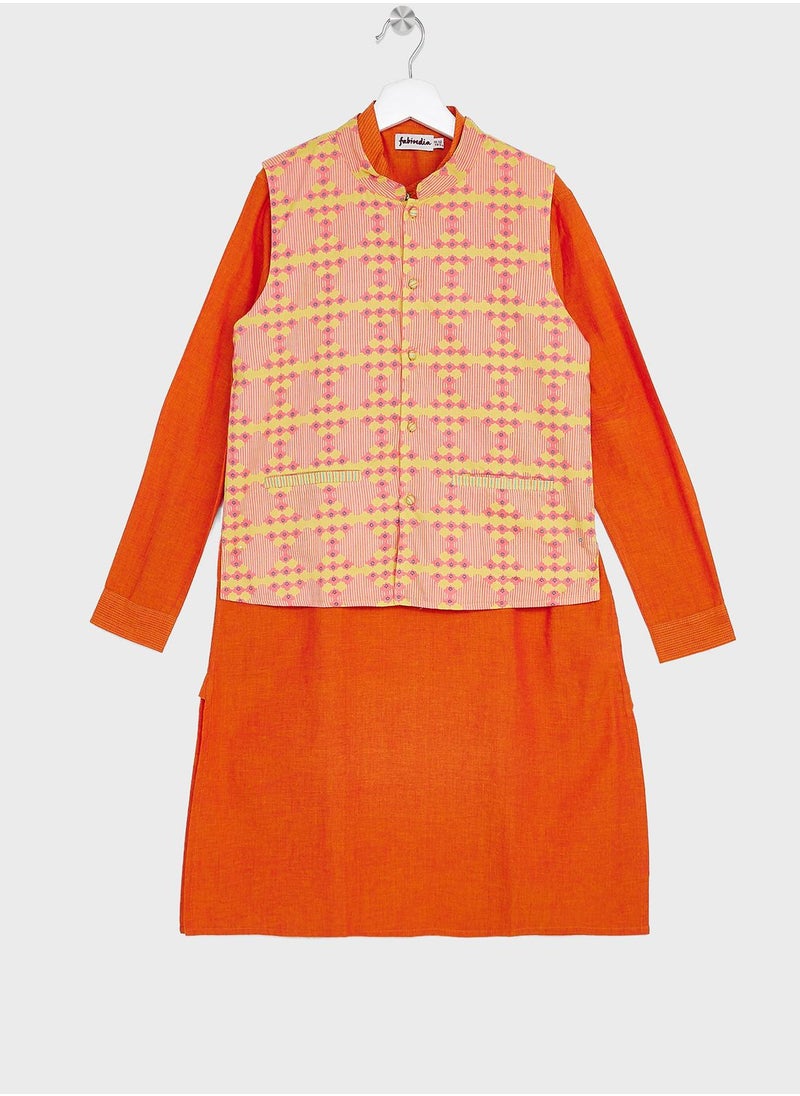 Fabindia - Kids Printed Jacket & Kurta Set - Image 1