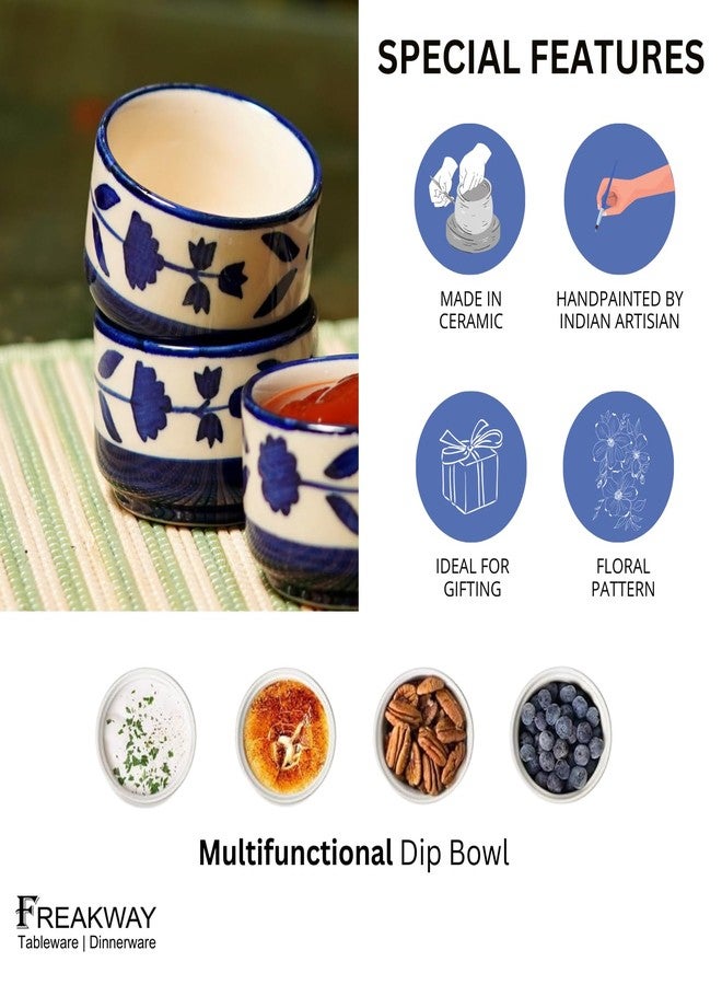 Freakway Hand Painted White Ceramic Dip Bowls | Bowls Set of 2, 40Ml | Bowl for Serving Chutney Bowl/Pickle Bowl/Small (Floral BLU & WHT) - Image 4