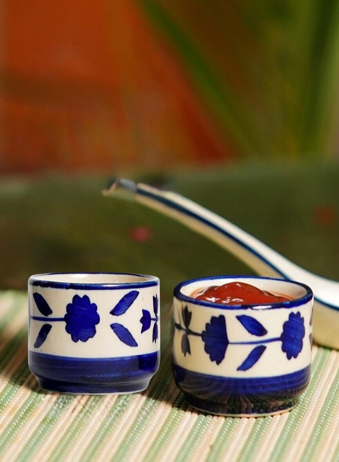 Freakway Hand Painted White Ceramic Dip Bowls | Bowls Set of 2, 40Ml | Bowl for Serving Chutney Bowl/Pickle Bowl/Small (Floral BLU & WHT) - Image 1