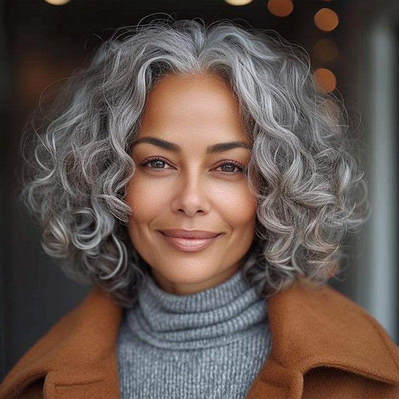 Beweig Short Gray Wavy Wigs for Women Grey Curly Bob Wig Middle Part Silver Synthetic Wig Natural Looking Daily Party Wig - Image 1
