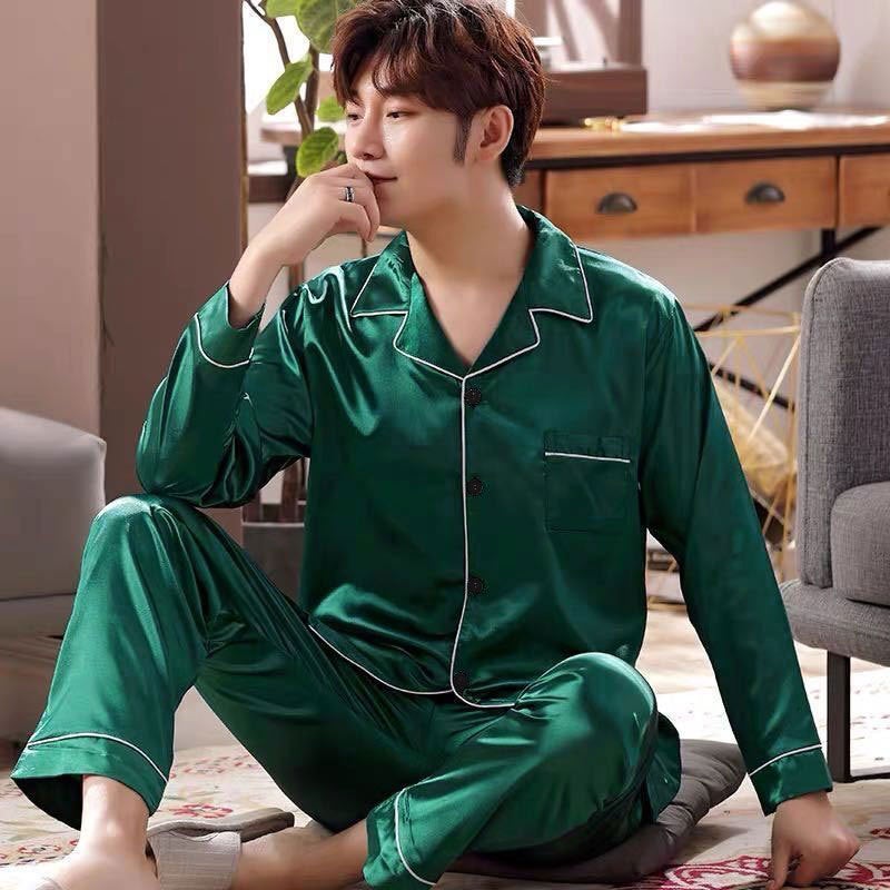 Mens Long Sleeve Silk Pajama Set AutumnS double long men's ice silk cardigan Green S double long men's ice silk cardigan Green 