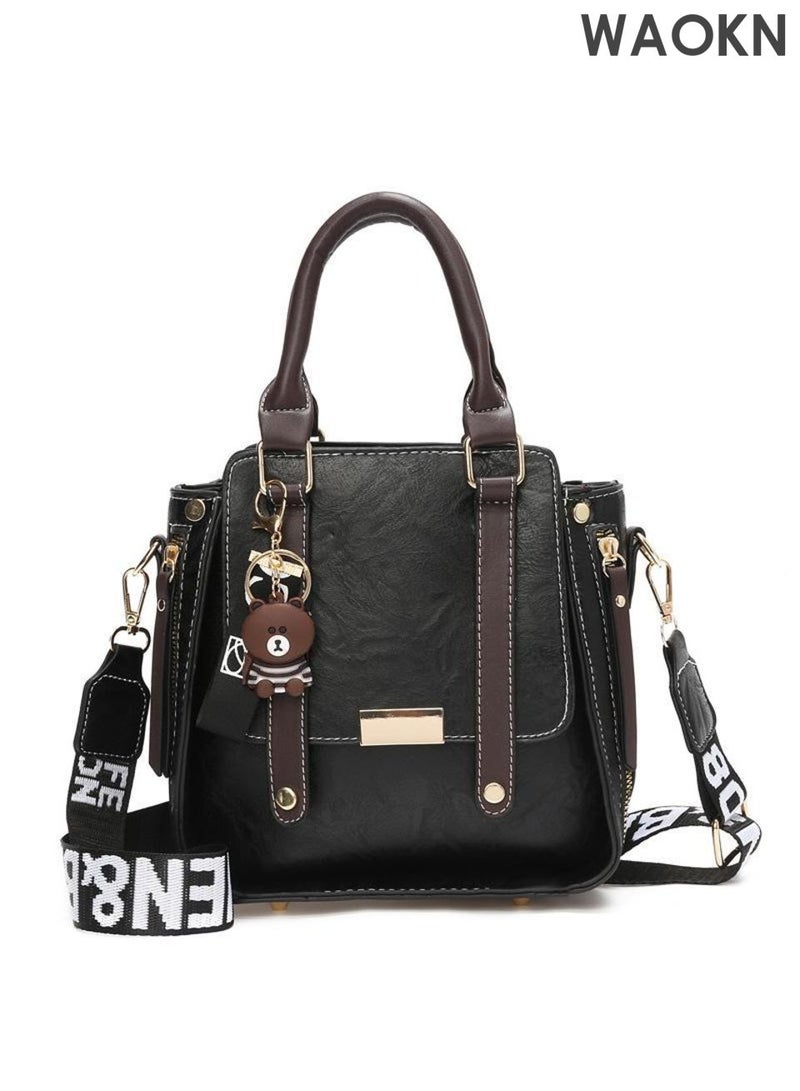 WAOKN Women’s Leather Handbag Top Handle Satchel Purse, Retro Crossbody Bag with Adjustable Strap, Tote Shoulder Bag for Work, Travel, and Everyday Use , Fashion Handbag for Ladies,Cute little bear pendant,unisex,black. - Image 1