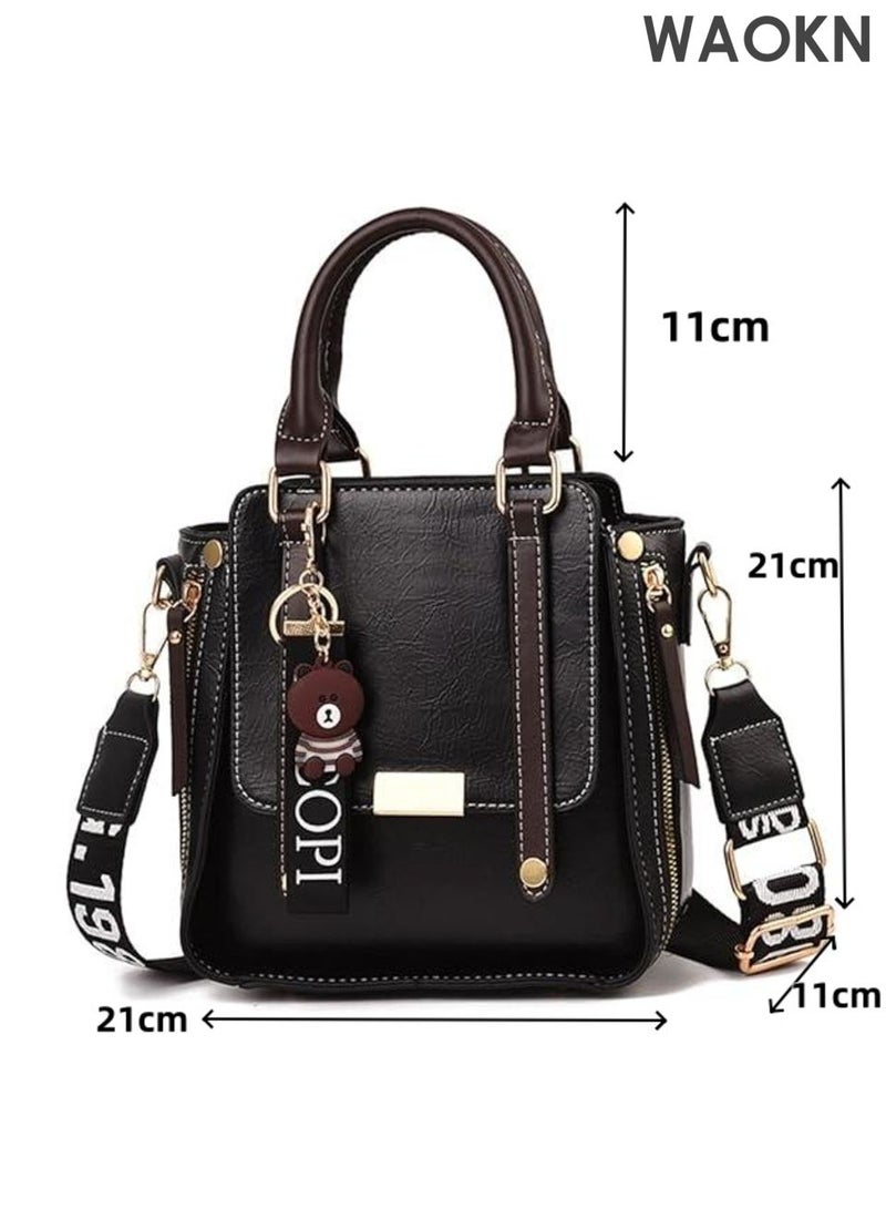 WAOKN Women’s Leather Handbag Top Handle Satchel Purse, Retro Crossbody Bag with Adjustable Strap, Tote Shoulder Bag for Work, Travel, and Everyday Use , Fashion Handbag for Ladies,Cute little bear pendant,unisex,black. - Image 4