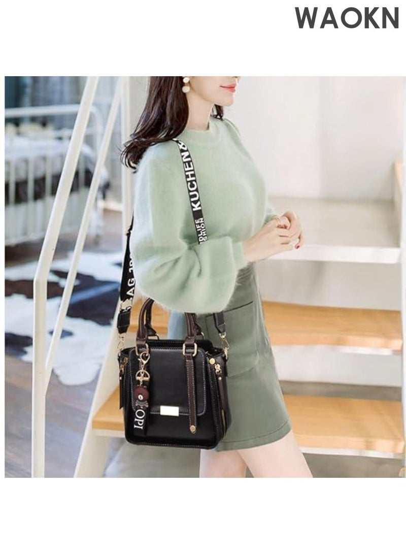WAOKN Women’s Leather Handbag Top Handle Satchel Purse, Retro Crossbody Bag with Adjustable Strap, Tote Shoulder Bag for Work, Travel, and Everyday Use , Fashion Handbag for Ladies,Cute little bear pendant,unisex,black. - Image 2
