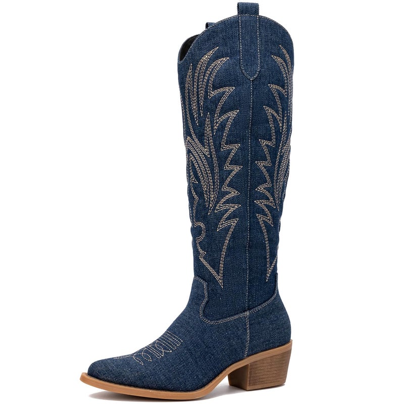 GLOBALWIN Women's Denim Blue Embroidered Knee High Boots The Western Cowboy Cowgirl Boots 9M - Image 1