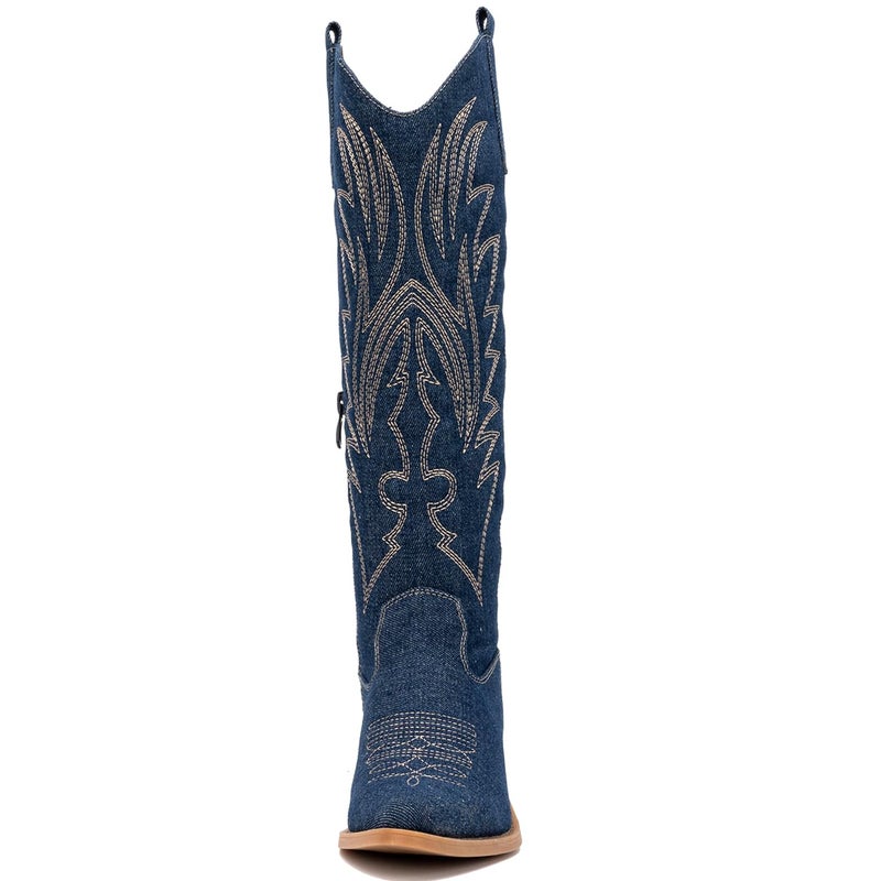 GLOBALWIN Women's Denim Blue Embroidered Knee High Boots The Western Cowboy Cowgirl Boots 9M - Image 4
