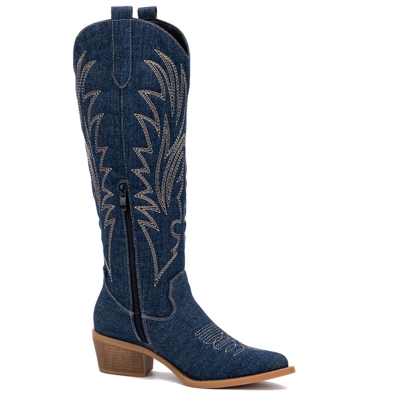 GLOBALWIN Women's Denim Blue Embroidered Knee High Boots The Western Cowboy Cowgirl Boots 9M - Image 3