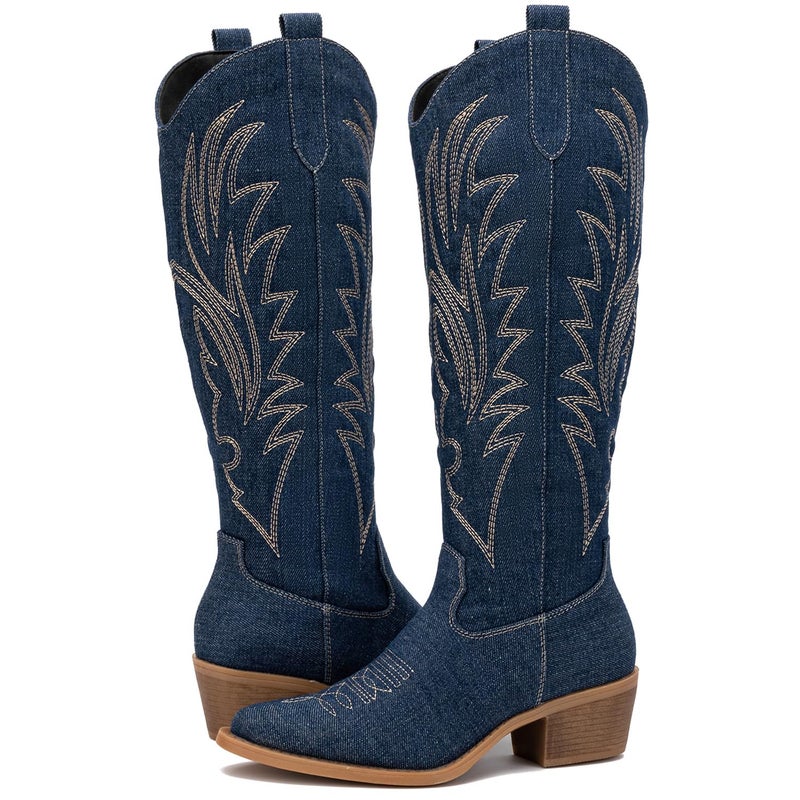 GLOBALWIN Women's Denim Blue Embroidered Knee High Boots The Western Cowboy Cowgirl Boots 9M - Image 2