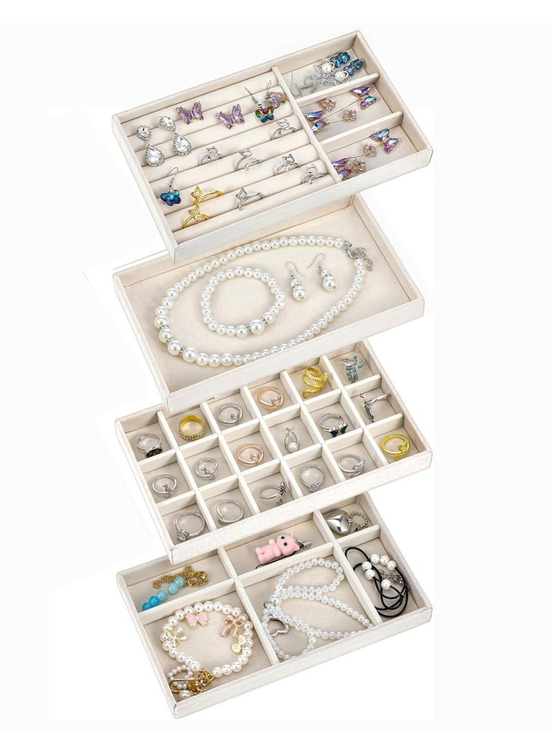Jewelry Trays Set of 4, Velvet Jewelry Organizer for Earring, Necklace, Rings, Bracelet, Stackable Jewelry Display Tray, Jewelry Drawer Storage with Removable Dividers, Jewelry Box Off-white - Image 1
