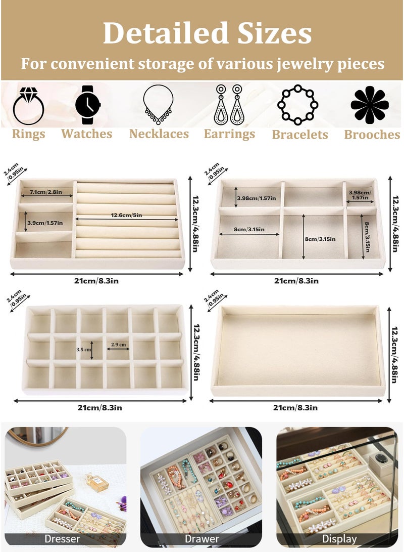 Jewelry Trays Set of 4, Velvet Jewelry Organizer for Earring, Necklace, Rings, Bracelet, Stackable Jewelry Display Tray, Jewelry Drawer Storage with Removable Dividers, Jewelry Box Off-white - Image 2