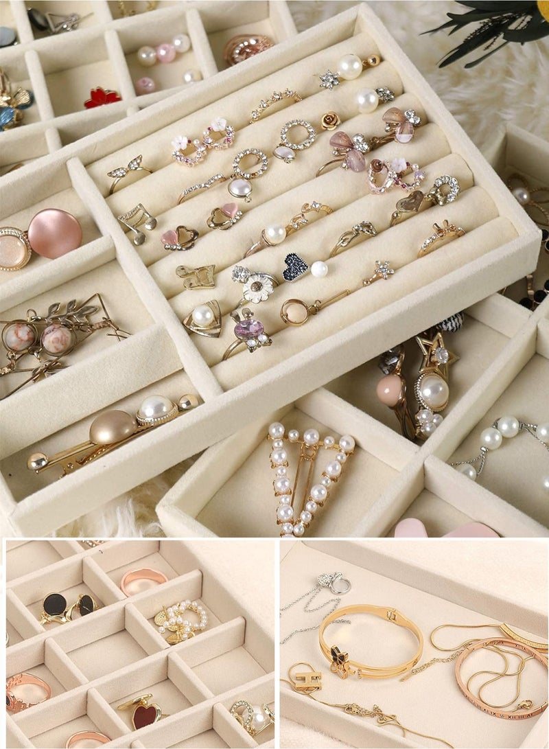 Jewelry Trays Set of 4, Velvet Jewelry Organizer for Earring, Necklace, Rings, Bracelet, Stackable Jewelry Display Tray, Jewelry Drawer Storage with Removable Dividers, Jewelry Box Off-white - Image 5