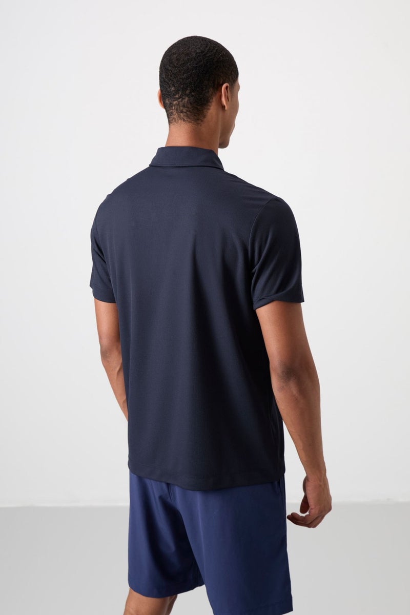 Tommy Life Navy Blue Polyester Breathable Textured Thin Flexible Standard Fit Polo Collar Men's Performance T-Shirt - 88392  - Image 5