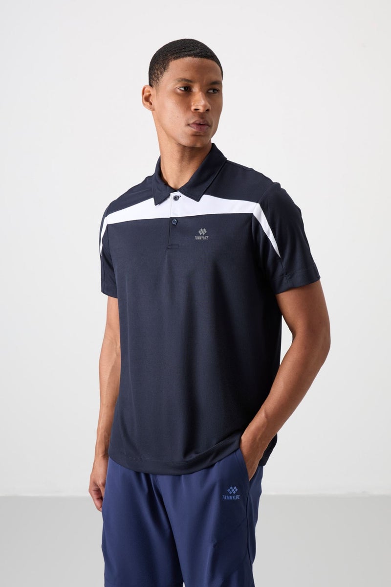 Tommy Life Navy Blue Polyester Breathable Textured Thin Flexible Standard Fit Polo Collar Men's Performance T-Shirt - 88392  - Image 4