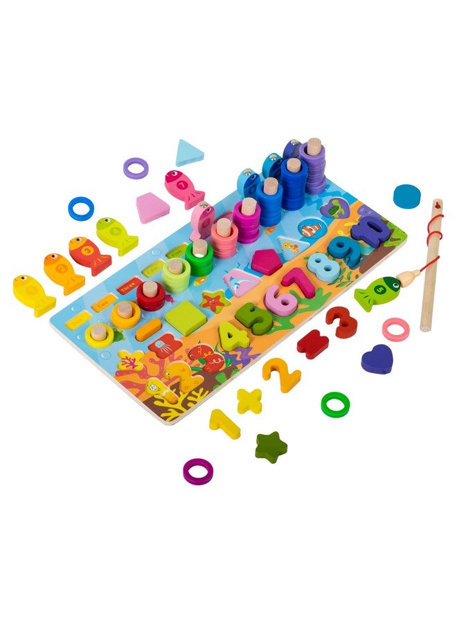 ويش كي لعبة لوح تعليمي خشبي متعدد الوظائف 6 في 1 من ويشكي، أرقام، أشكال، لعبة صيد، تكديس، لعبة مونتيسوري، ألعاب تعليمية للأطفال، متعدد الألوان، 3 سنوات فأكثر (عبوة من قطعة واحدة) - Image 1