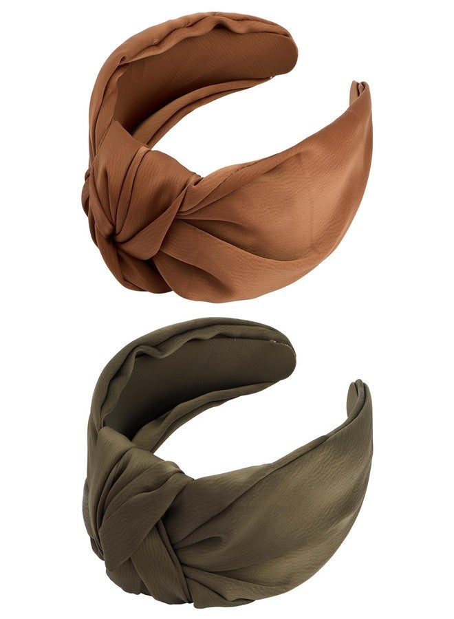 VELSCRUN 2 Pack Satin Wide Knotted Headbands - Brown Elastic Turbans, Non-Slip Silk Hair Styling Accessories for Women, Sisters, Girls, Gifts - Image 1